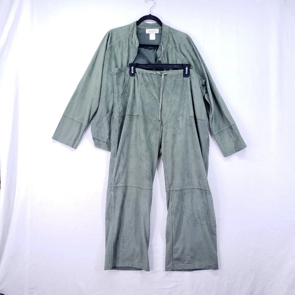 Susan Bristol Sage Green Suede 2 Piece Lounge Set Sweater Wide Leg Pants Size XL